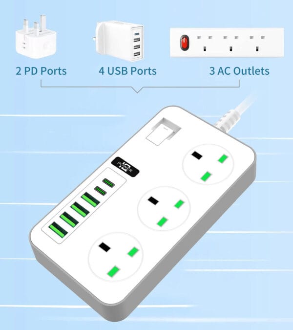 Power - Socket 2PD + 4 USB 3000W Extension Lead White